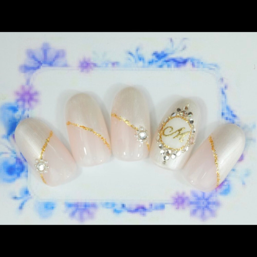 オーダー】ネイルチップ：パールホワイトのななめフレンチ☆ブライダル  