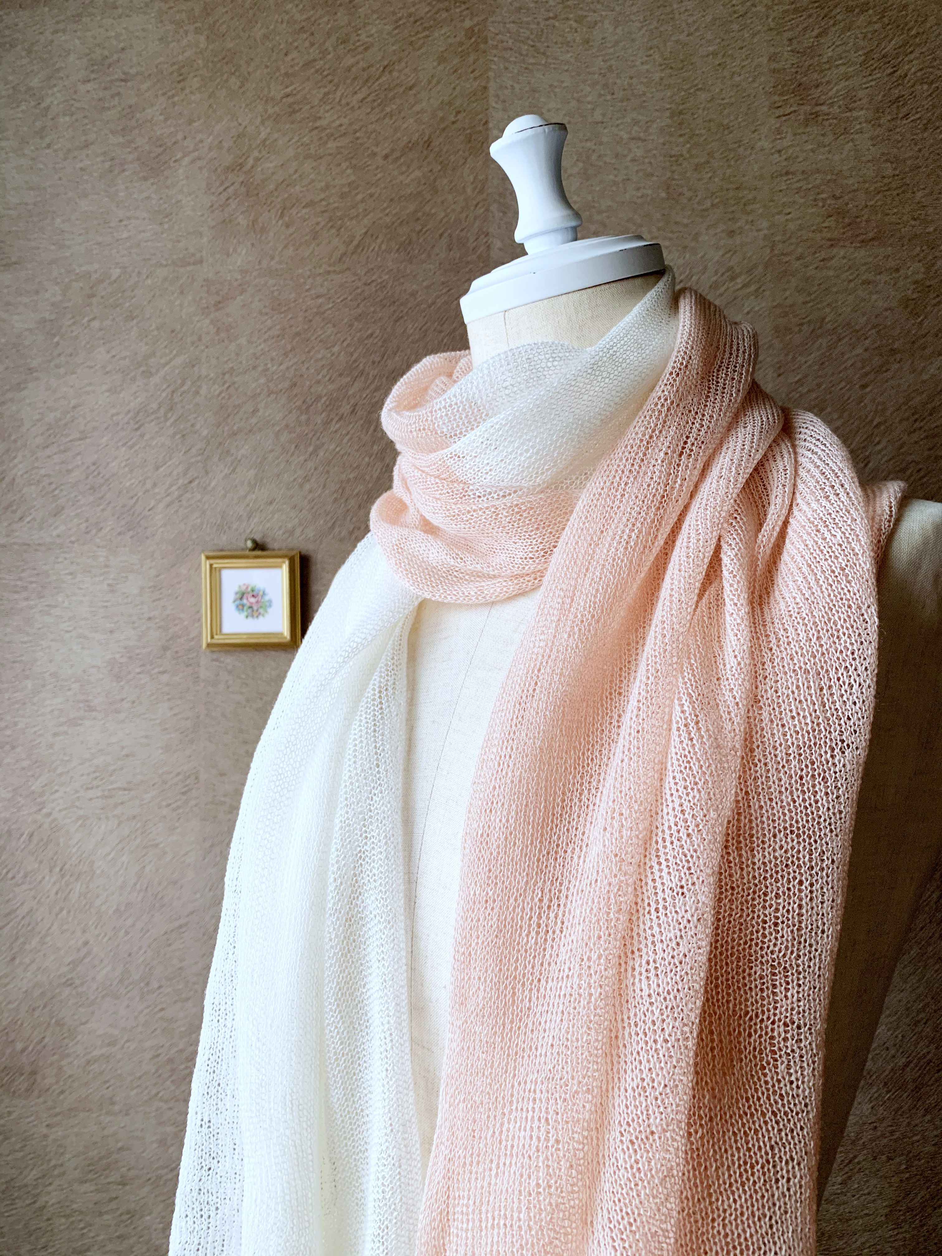 麻　リネンストール　くすみカラー　スモーキーピンク　ホワイト　オールシーズン　バイカラー