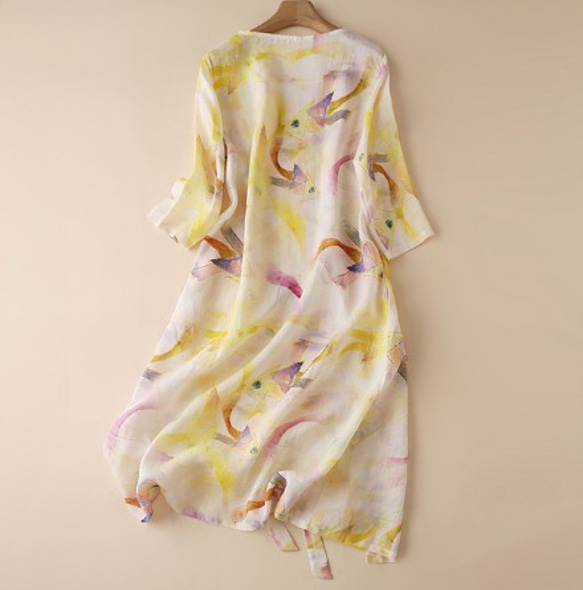 オリジナルデザインパストラルスタイルピュアリネンドレス女性春夏プリント半袖スプリットロングスカート 8枚目の画像