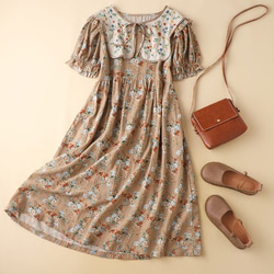 森甘いドレス優しい風日本の綿とリネンスクエアネック花柄のスカートリネンロングスカート 9枚目の画像