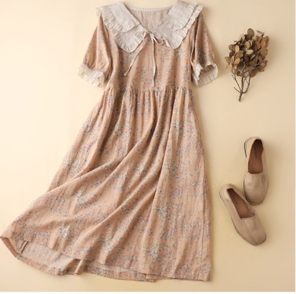 森ガールレトロ優しいスタイルのリネン小さな花柄のドレス日本の甘い綿とリネンのロングスカート夏 8枚目の画像