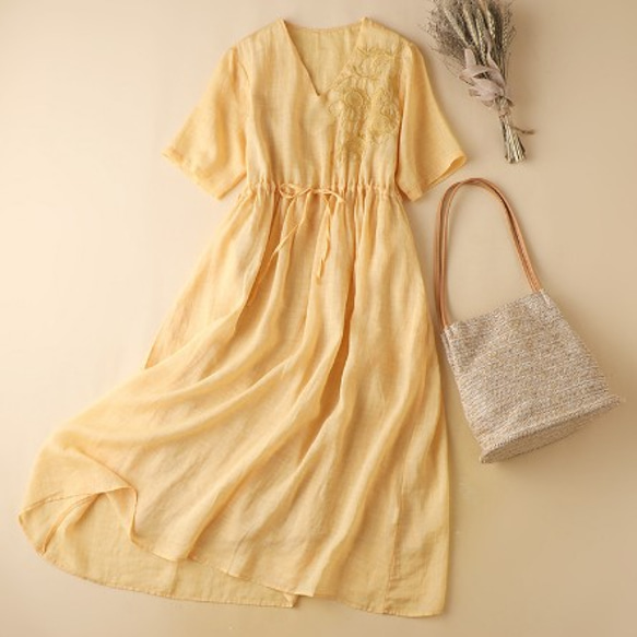 ピュアリネン半袖ワンピース、薄いコットンやリネン腰、薄いソリッドカラーのロングスカート 1枚目の画像