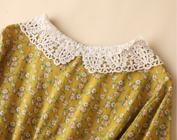 日本の綿とリネンの小さな新鮮な花柄のスカート森の女性のレースの襟甘いルーズなミドル丈のドレス夏 8枚目の画像