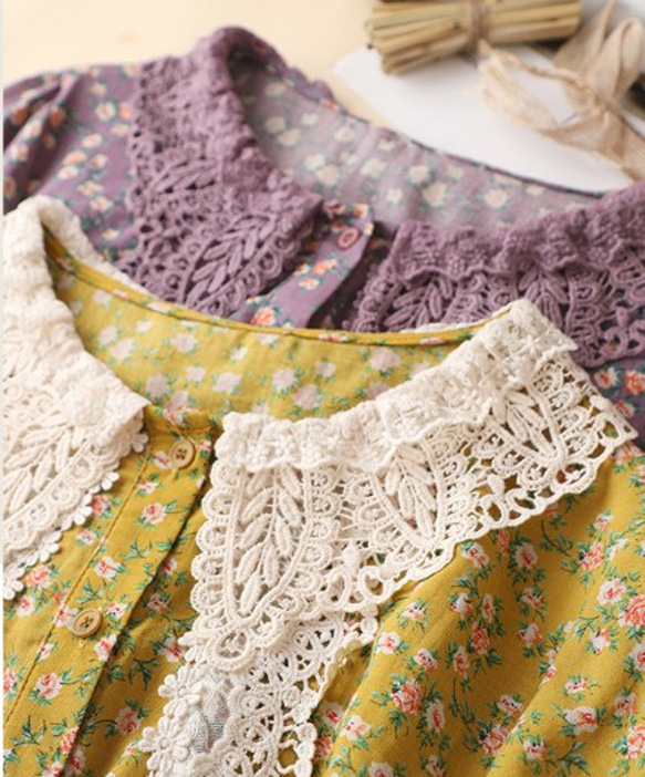 日本の綿とリネンの小さな新鮮な花柄のスカート森の女性のレースの襟甘いルーズなミドル丈のドレス夏 3枚目の画像