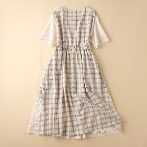 センコットンやリネンの夏のレトロなウエスト痩身チェック柄のドレスのレースの襟の刺繍甘いリネンスカート 5枚目の画像