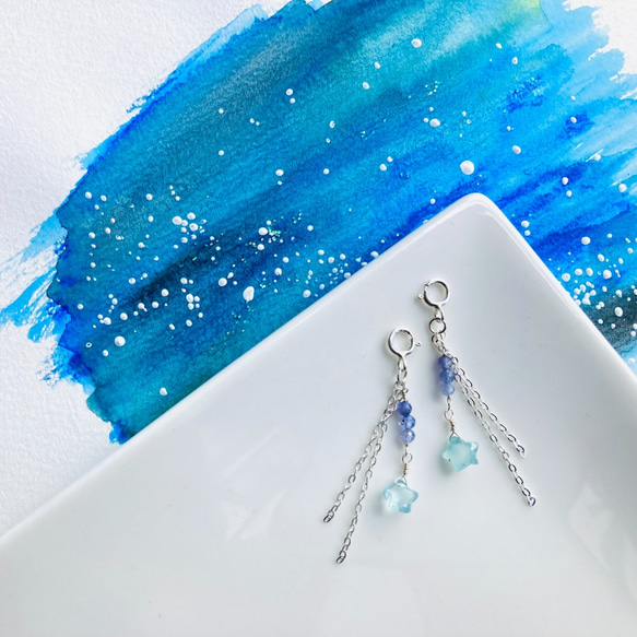 まるでピアス☆青い流れ星のマスクチャーム◇シーブルーカルセドニー・タンザナイト・シルバー９２５◇マスクアクセサリー 3枚目の画像