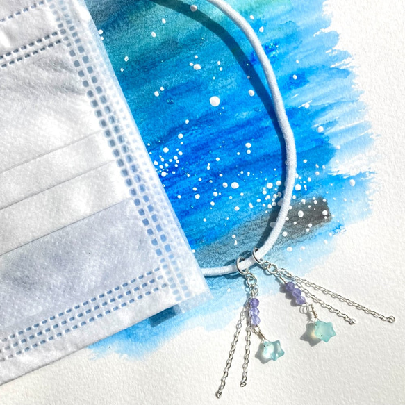 まるでピアス☆青い流れ星のマスクチャーム◇シーブルーカルセドニー・タンザナイト・シルバー９２５◇マスクアクセサリー 6枚目の画像