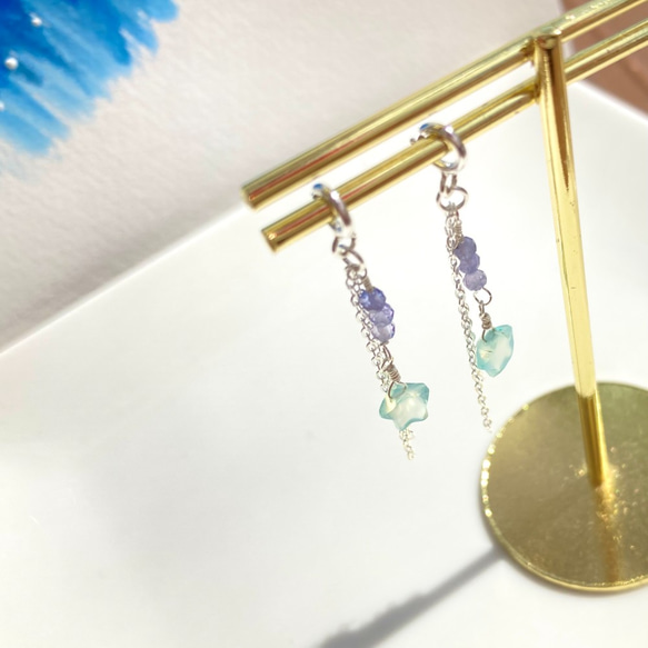 まるでピアス☆青い流れ星のマスクチャーム◇シーブルーカルセドニー・タンザナイト・シルバー９２５◇マスクアクセサリー 7枚目の画像