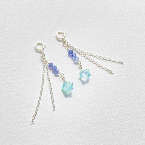 まるでピアス☆青い流れ星のマスクチャーム◇シーブルーカルセドニー・タンザナイト・シルバー９２５◇マスクアクセサリー 2枚目の画像