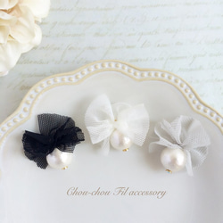 tulle ribbon&cotton pearl earring 第1張的照片