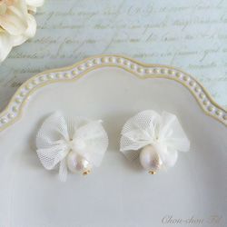 tulle ribbon&cotton pearl earring 3枚目の画像