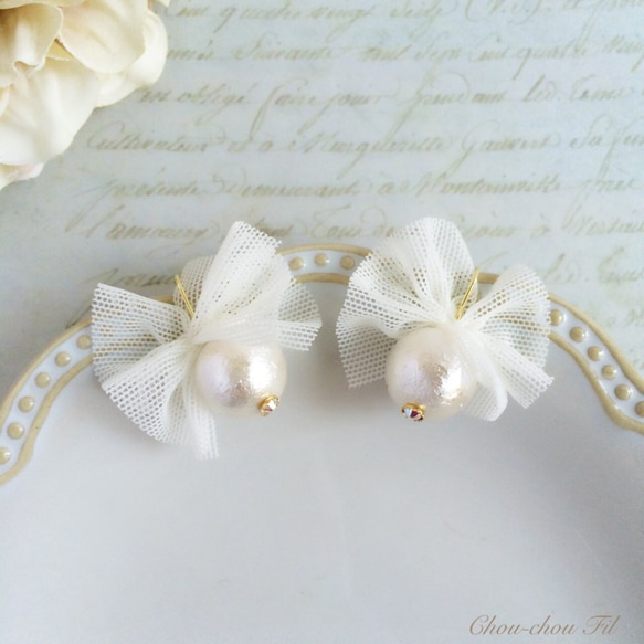 tulle ribbon&cotton pearl pierce 3枚目の画像