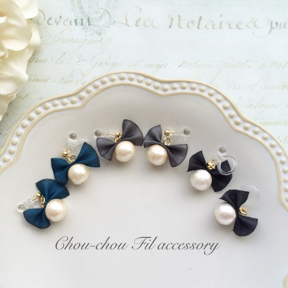 silk ribbon&cotton pearl mini earring 第1張的照片