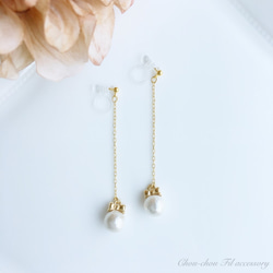 gold ribbon&cotton pearl long earring 1枚目の画像