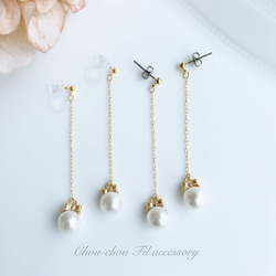 gold ribbon&cotton pearl long earring 3枚目の画像