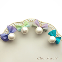 silk ribbon&cotton pearl earring(コバルトブルー) 3枚目の画像