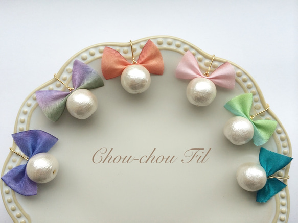 silk ribbon&cotton pearl pierce② 4枚目の画像