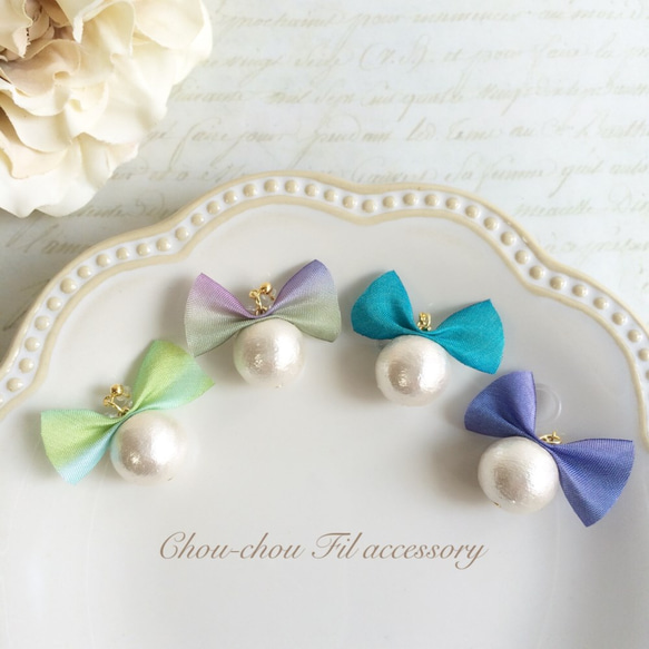 silk ribbon&cotton pearl earring② 1枚目の画像