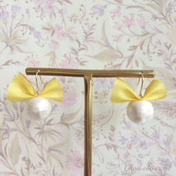 silk ribbon&cotton pearl pierce(イエロー) 2枚目の画像
