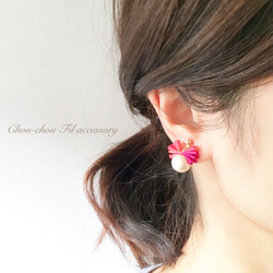 W silk ribbon&cotton pearl earring(レッド) 2枚目の画像