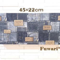 【45×22cm】軽量ファブリックパネル_デニム調パッチワーク柄（革タグ／ブラック）　P5-11 2枚目の画像