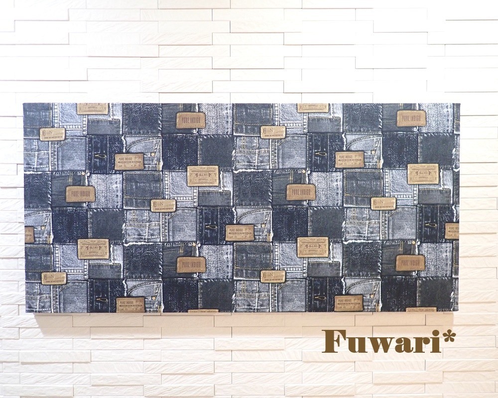 【90×45cm】特大・軽量ファブリックパネル_デニム調パッチワーク柄（革タグ／ブラック）　P7-6