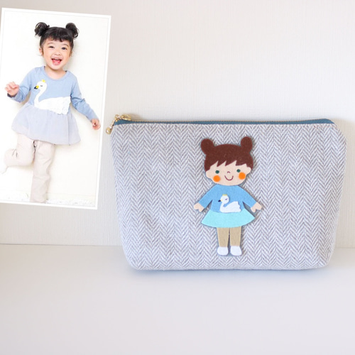 オーダー 似顔絵 ワッペン 付きマチ付きポーチ フェルト刺繍
