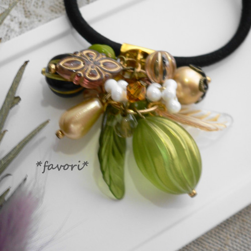 じゃらじゃら ヘアゴム アンティークブラックフラワー