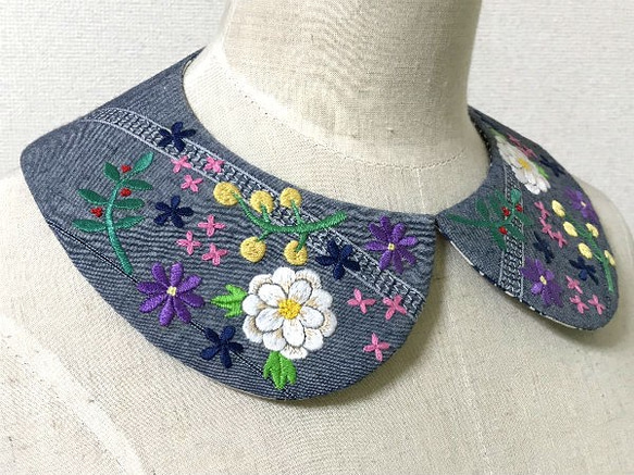 手刺繍つけ襟（ブルー） 3枚目の画像