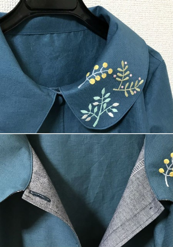 襟に刺繍のハーフリネン単コート 3枚目の画像