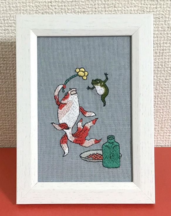 手刺繍浮世絵フレーム＊歌川国芳「酒のざしき」の御機嫌金魚 2枚目の画像