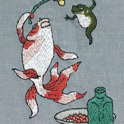 手刺繍浮世絵フレーム＊歌川国芳「酒のざしき」の御機嫌金魚 3枚目の画像