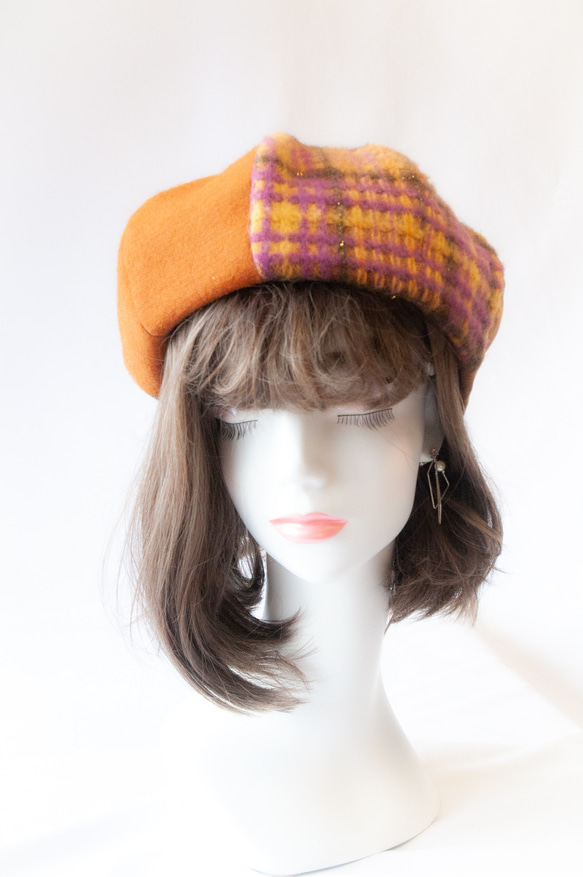 [秋冬新作]ピンクチェックチェックベレー帽、サイズ50-62、防寒帽子、帽子 1枚目の画像