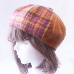 [秋冬新作]ピンクチェックチェックベレー帽、サイズ50-62、防寒帽子、帽子 3枚目の画像