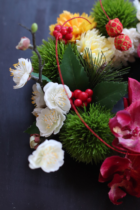 苔とお花のもこもこお正月テーブルアレンジ/リース 5枚目の画像
