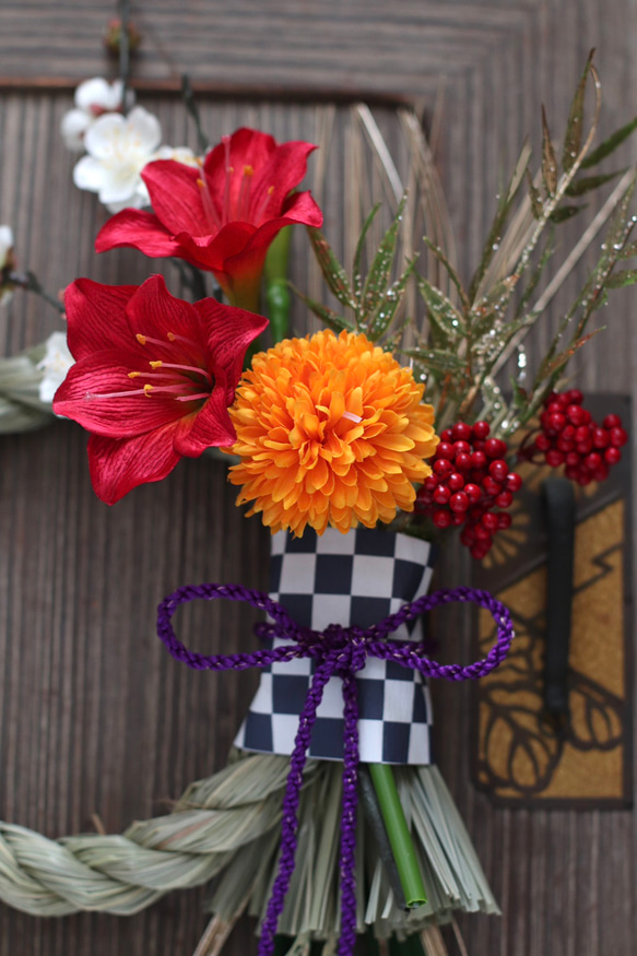 生け花のような美しさ 令和の市松和モダンしめ縄 お正月飾り 5枚目の画像