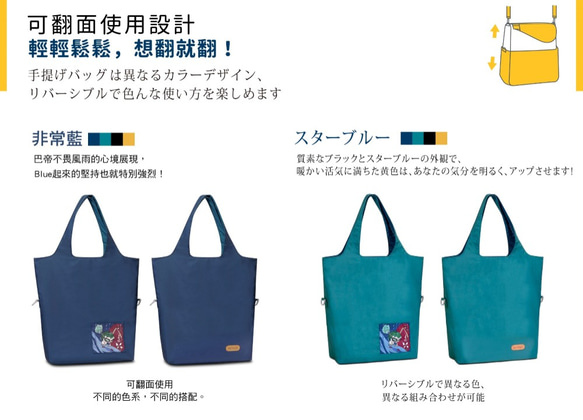 再生リサイクルペットボトル防水生地、2つの使用の2色のseiseiショルダーバッグと手提げバッグ、台湾製(スターブルー) 4枚目の画像