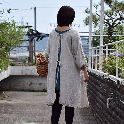 受注販売】国産リネン・タブリエ割烹着『タブポ』ベージュ（エプロン