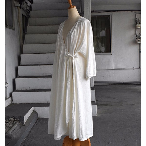 受注制作】 ヨーロッパリネン100% ピンタックカシュクールワンピース