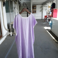 【即発送可能！送料無料！】リネン100%リボンシャツワンピ「薄紫」 2枚目の画像