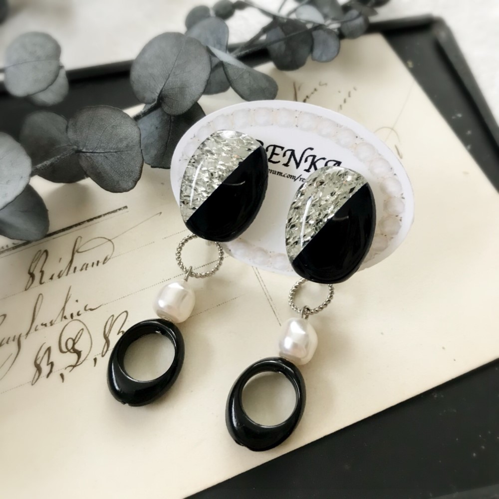 ブラック×ラメシルバーのヴィンテージ2wayピアス【シンプルにオフィス･お仕事にも】｛RPS-75｝