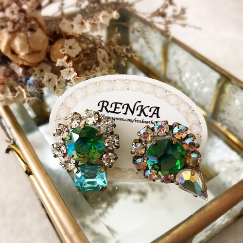 1点物ビジュー緑ヴィンテージクリアマーブルピアスイヤリング金