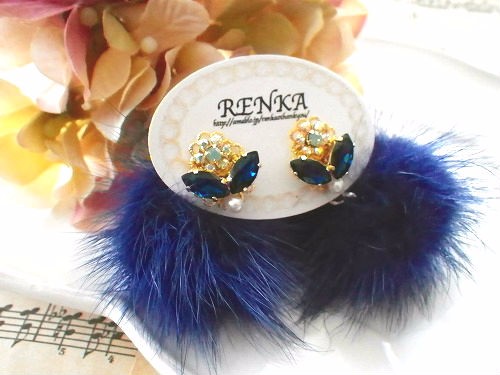 ヴィンテージスワロフスキーのブルーファーbijou2way大ぶりピアス【パーティー･結婚式･二次会】｛RPG-447｝