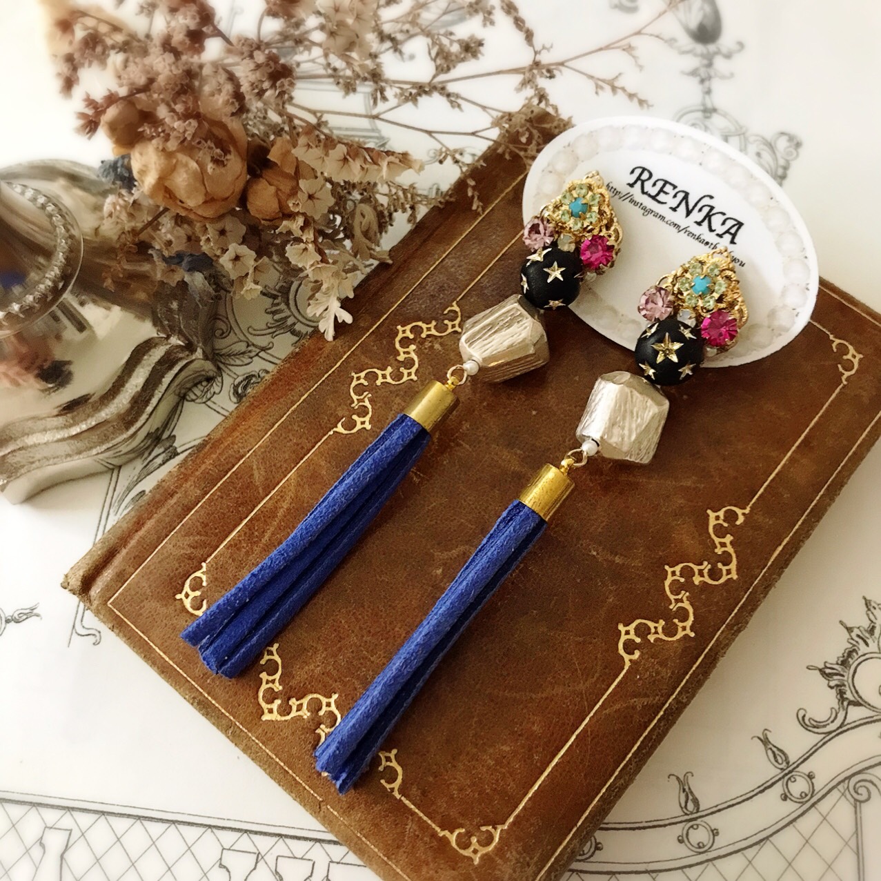 タッセルとお花スワロフスキーロングピアス【ブルー･ヴィンテージ･ブルー･星･ピンク】{RPG-475｝