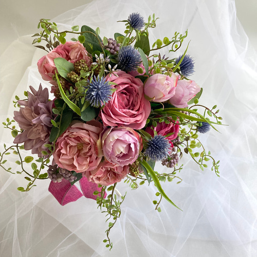 ブライダルブーケ リースブーケ 紫 ピンク ピンクと紫、柔らかく。 #ブーケ #クラッチブーケ #ブーケ一会 #プレ