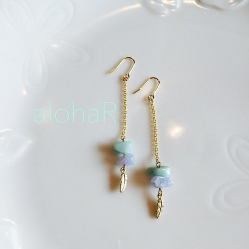 フェザー 天然石 ロングピアス✳︎イヤリング ピアス（フック 
