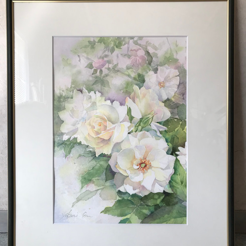 バラ(薔薇)・ローズの透明水彩画 白薔薇 花の絵 F6 原画 バラ(薔薇)・ローズの透明水彩画 白薔薇 花の絵 F6 原画
