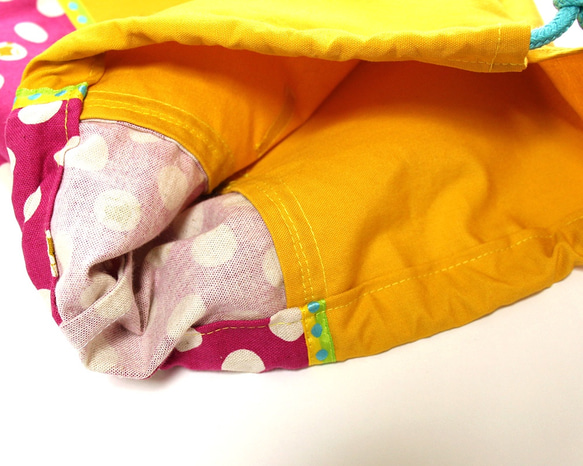 大きな巾着袋　体操袋・給食袋×イエローピンクドット-片ひも 7枚目の画像