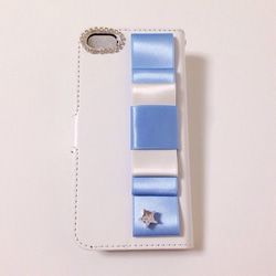 ブルー リボン 手帳型 スマホケース ・ iPhoneケース 1枚目の画像