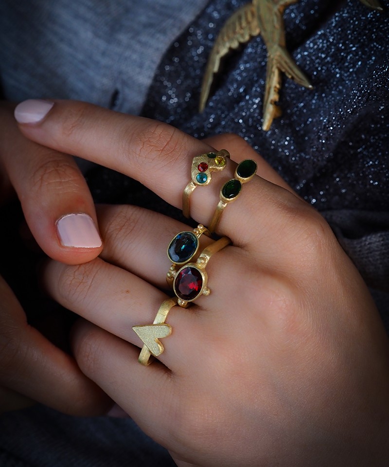 ［受注制作］カラフルハート スクエアリング（18金・ルビー・エメラルド・ペリドット・ブルーアパタイト）＊Creema限定